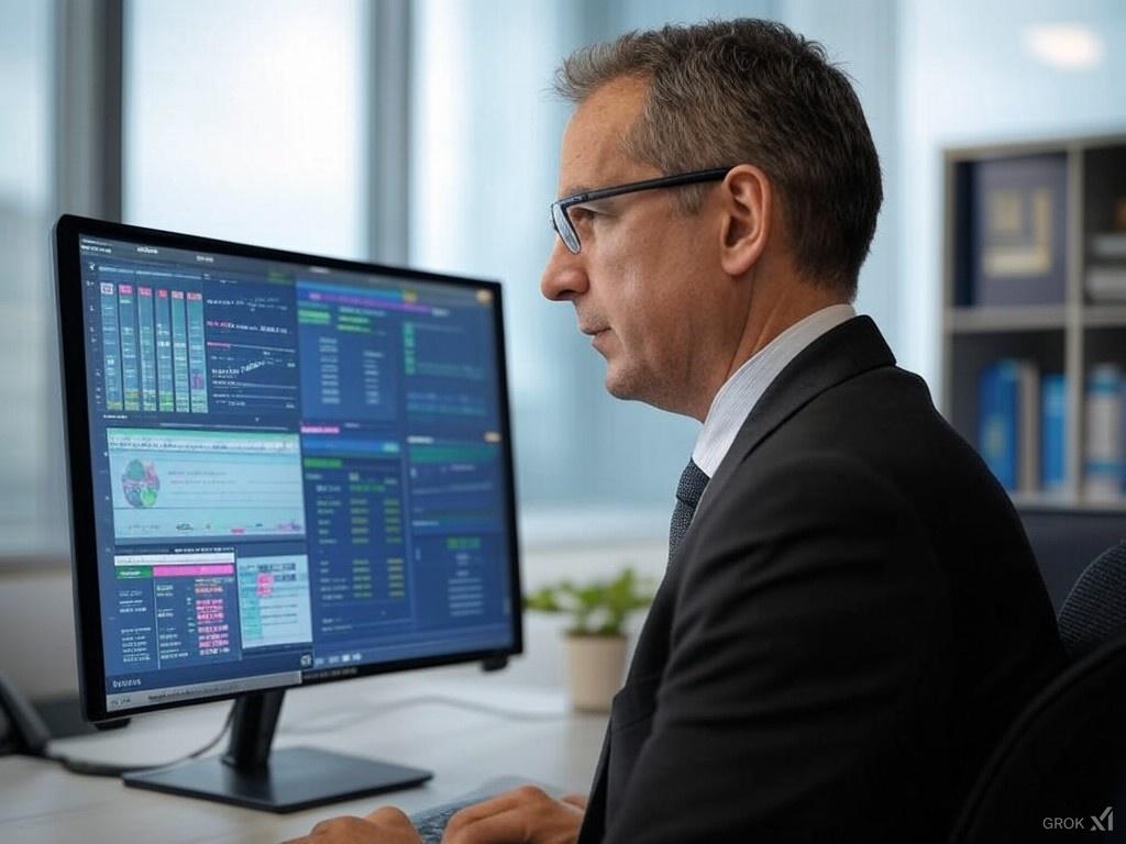 Financial analyst examining automated expense reports generated by AI software.expense reports generated by AI software.