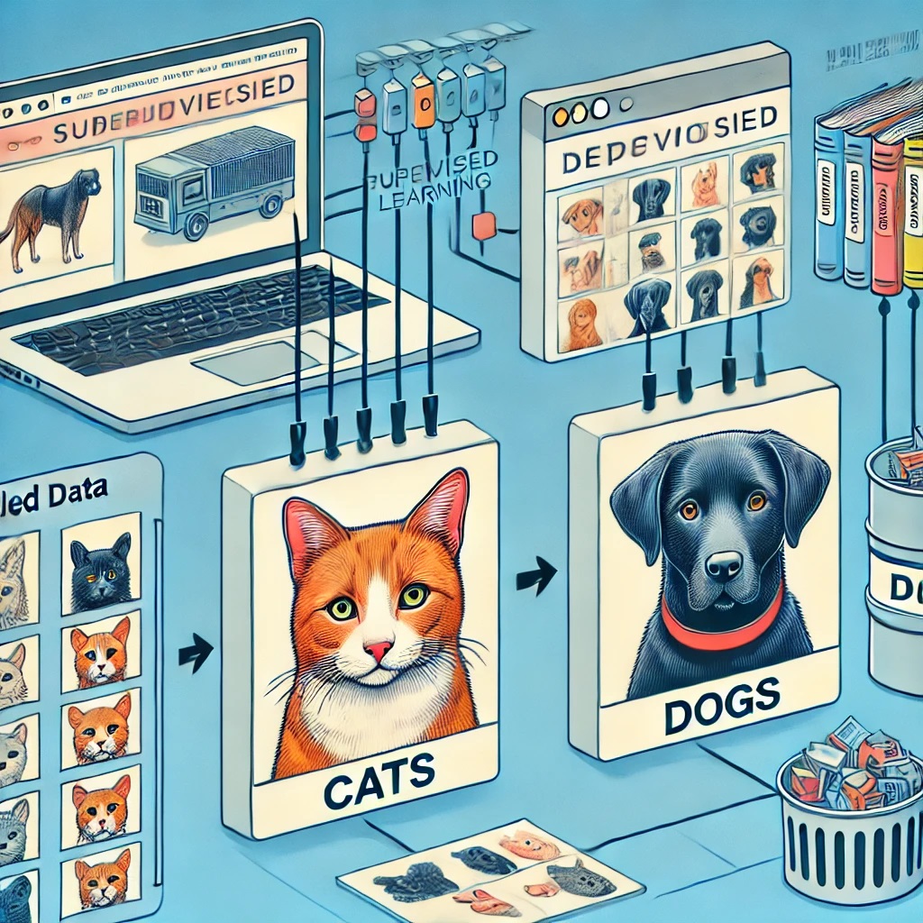 Supervised learning model analyzing images of cats and dogs.