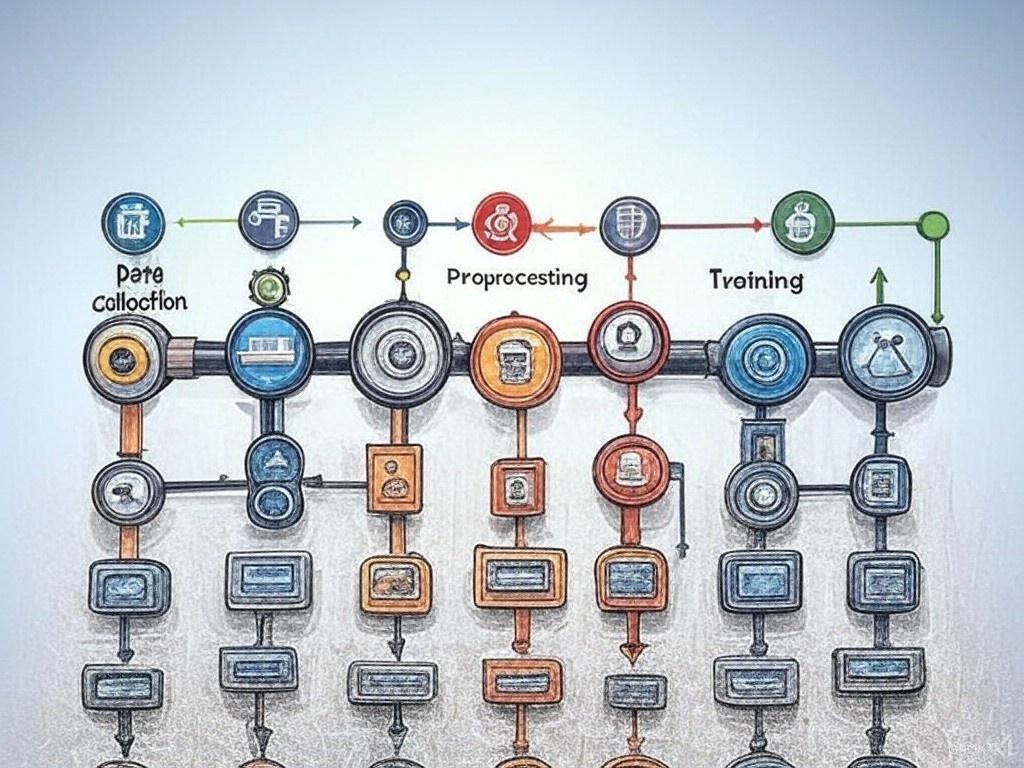 Machine learning pipeline illustrating key stages from data collection to model deployment.