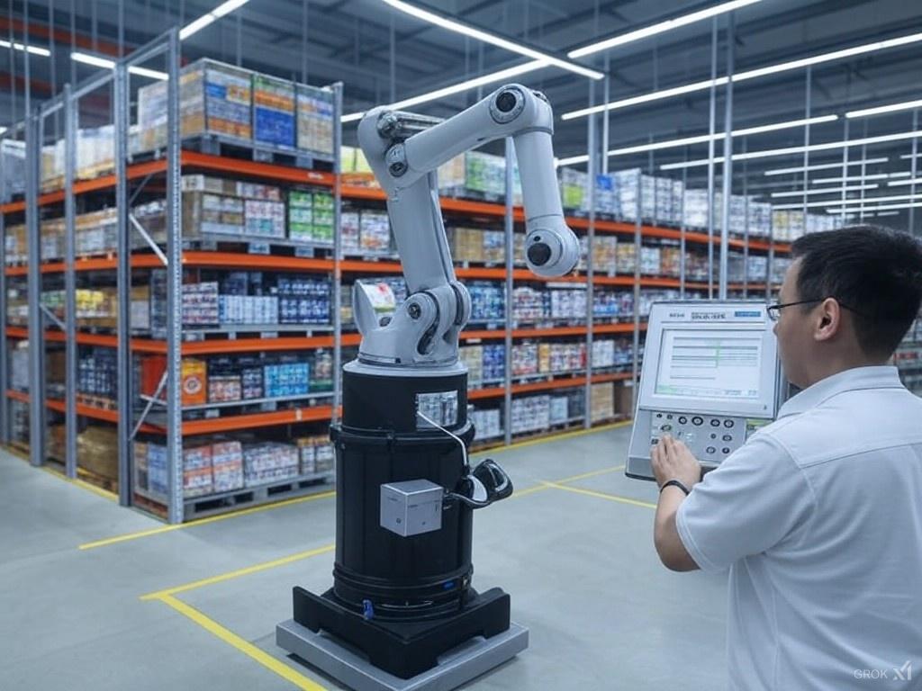 Automated warehouse with AI inventory tracking systems in operation.